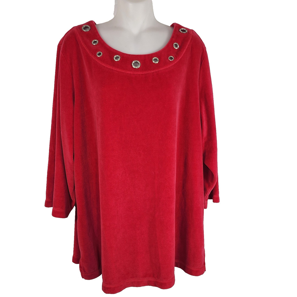 Quacker Factory Womens Top Rhinestone Grommets 3/4 Sleeve Red Knit Casual XL